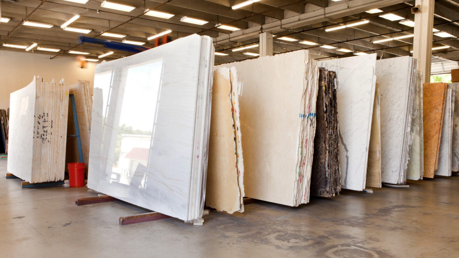 Slabs of granite in a storage warehouse.